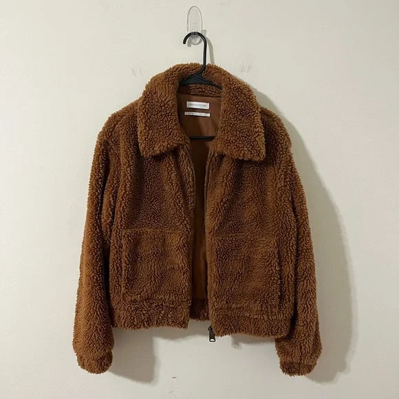 Urban Outfitters Willow Fuzzy Brown Drawstring Teddy Full Zip Cropped Jacket S - Picture 3 of 11